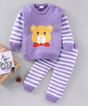 Babyhug Full Sleeves Sweater Set Bear Face Print - Multicolor