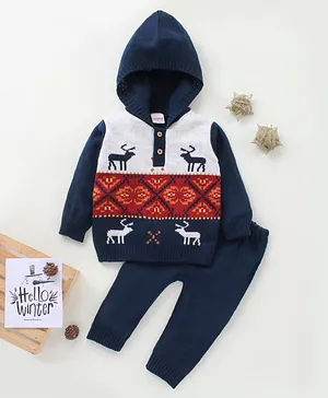 Babyoye Knit Full Sleeves Hooded Deer Print Sweater Set - Navy Blue