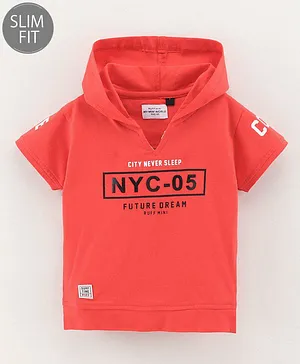 RUFF Half Sleeves Hooded T-shirt NYC Print - Red