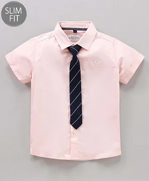 Ruff Half Sleeves Solid Shirt With Tie - Pink