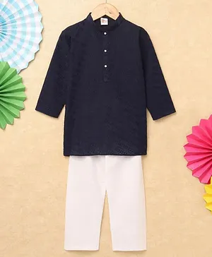 Fuzzy Bear Full Sleeves Embroidered Kurta With Pajama - Blue