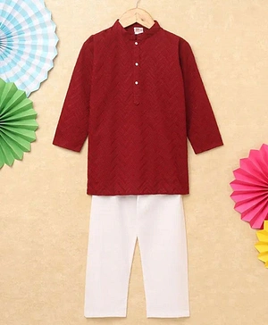 Fuzzy Bear Full Sleeves Embroidered Kurta With Pajama - Red