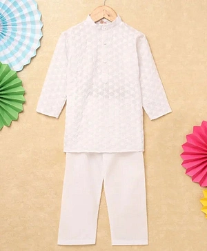 Fuzzy Bear Full Sleeves All Over Embroidered Kurta With Pajama - White