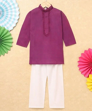 Fuzzy Bear Full Sleeves Embroidered Placket Kurta With Pajama - Purple