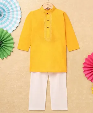 Fuzzy Bear Full Sleeves Placket Design Kurta With Pajama - Yellow