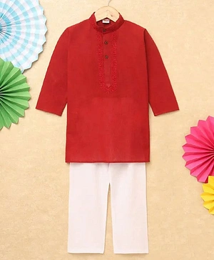 Fuzzy Bear Cotton Full Sleeves Solid Kurta With Pajama - Red