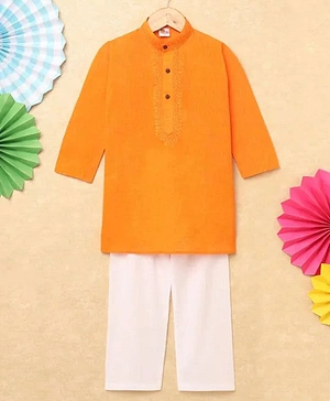 Fuzzy Bear Cotton Full Sleeves Solid Kurta With Pajama - Orange