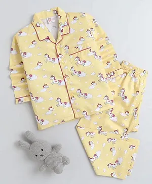 Fuzzy Bear Full Sleeves Unicorn Printed Cotton Night Suit - Yellow