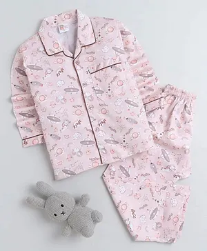 Fuzzy Bear Full Sleeves Space Theme Print Night Suit - Pink