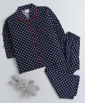 Fuzzy Bear Star Printed Cotton Full Sleeves Night Suit - Dark Blue