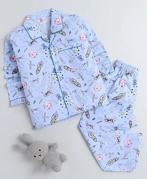 Fuzzy Bear Full Sleeves Space Print Night Suit - Blue