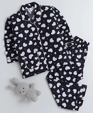 Fuzzy Bear Heart Printed Cotton Full Sleeves Night Suit - Black