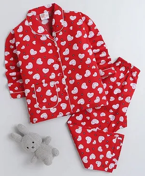 Fuzzy Bear Heart Printed Cotton Full Sleeves Night Suit - Red