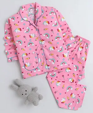 Fuzzy Bear Full Sleeves Unicorn Printed Night Suit - Pink