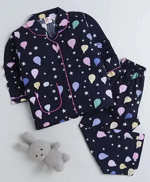 Fuzzy Bear Full Sleeves Hot Air Balloon Print Night Suit - Black
