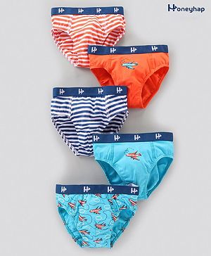 Honeyhap Premium 95% Cotton 5% Elastane   Anti-Microbial  Finish Briefs Pack of 5 Stripe Print - Blue Orange