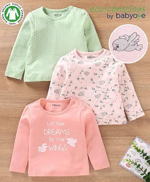 Babyoye Full Sleeves Organic Cotton Polka Dot Tee Pack Of 3 - Pink Green