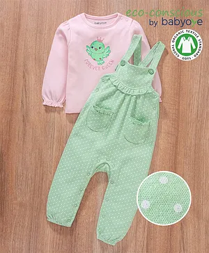 Babyoye Cotton Dungaree Style Romper With Peasant Sleeves Top Bird Print - Light Pink & Green