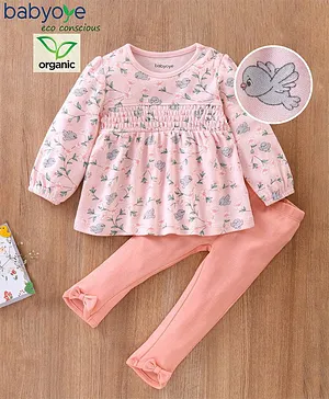 Babyoye Cotton Full Sleeves Bird Printed Top & Leggings - Pink
