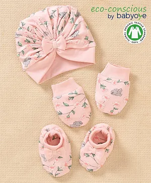 Babyoye Organic Cotton Cap Mittens & Booties Floral Print Pink - Diameter 10 cm