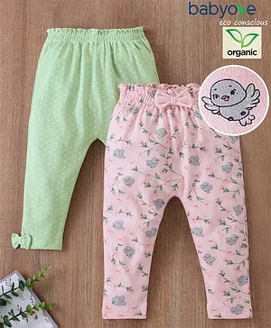 Babyoye Full Length Cotton Diaper Pants Bird Print Pack of 2 - Green Pink