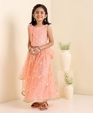 Babyhug Woven Sleeveless Choli With Lehenga & Dupatta Floral  Embroidered - Peach