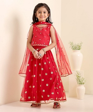 Babyhug Woven Sleeveless Choli With Lehenga & Dupatta Floral Embroidered - Red