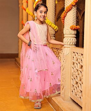 Babyhug Sleeveless Gold Sequence Choli With Embroidered Lehenga - Pink