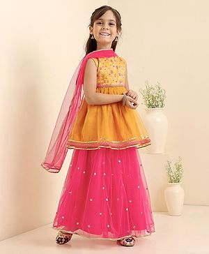 Babyhug Sleeveless Choli Lehenga And Dupatta With Floral Embroidery- Mustard Fuchsia