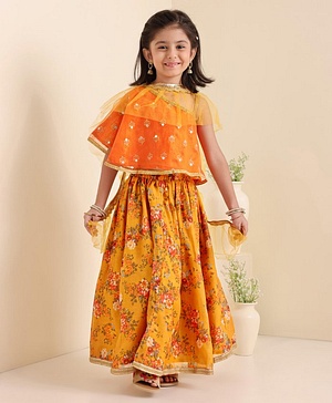 Babyhug Woven Sleeveless Embroidery Choli With Floral Printed Lehenga And Dupatta - Orange