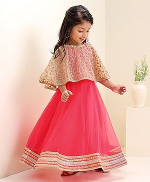 Babyhug Sleeveless Solid Color Dress With Embroidered Poncho - Beige Pink