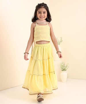 Babyhug Singlet Sleeves Woven Choli & Lehenga With Dupatta Floral Embroidery - Yellow
