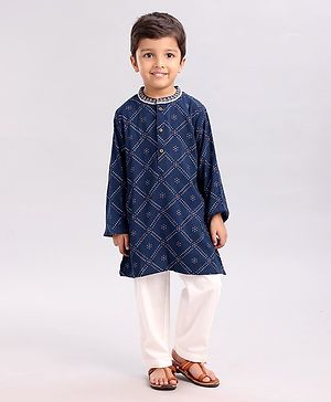 Babyhug Cotton Woven Full Sleeves Kurta & Pajama Set Ethnic Print - Indigo