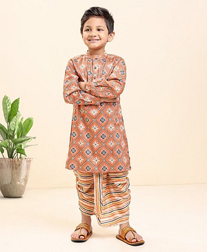 Babyhug Cotton Woven Full Sleeves Kurta & Dhoti Set Ethnic Print - Peach