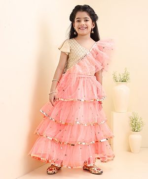 Babyhug One Shoulder Choli & Glitter Printed Lehenga With Dupatta - Peach