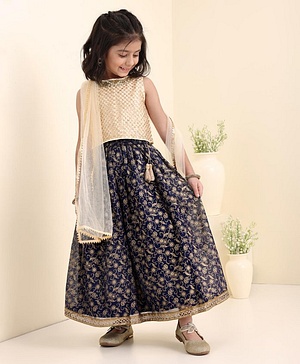 Babyhug Sleeveless Woven Choli & Lehenga With Dupatta Embroidered & Sequinned - Navy Blue