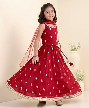 Babyhug Sleeveless Woven Choli & Lehenga With Dupatta Floral Embroidered - Maroon