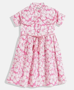 Bella Moda Floral Print Half Sleeves Dress - Pink
