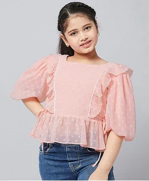 Stylo Bug Half Sleeves Dots Self Design Frill Detailing Top - Peach