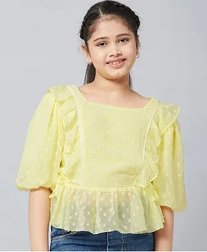 Stylo Bug Half Sleeves Dots Self Design Frill Detailing Top - Yellow