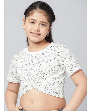Stylo Bug Half Sleeves Front Knotted Dots Printed Crop Top - White