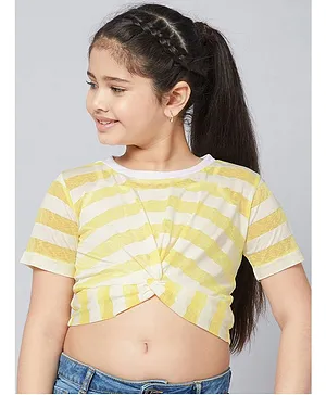Stylo Bug Half Sleeves Front Knotted Striped Crop Top - Yellow