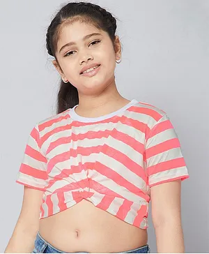 Stylo Bug Half Sleeves Front Knotted Striped Crop Top - Pink