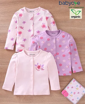 Babyoye Eco conscious Organic 100% Cotton Full Sleeves Vests Floral & Polka Dots Printed Pack of 3 - Pink
