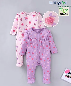 Babyoye Organic Cotton Full Sleeves Sleep Suit Floral Print Pack Of 2 - Pink