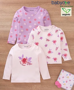 Babyoye Eco conscious Organic 100% Cotton Full Sleeves T-Shirts Floral & Polka Dots Printed Pack of 3 - Pink