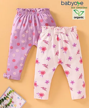 Babyoye Full Length Diaper Leggings Bow Appliques Pack of  2 - Light Pink Purple
