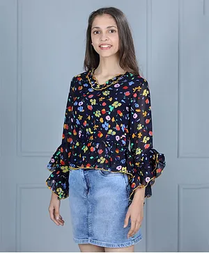 Cutiekins Three Fourth Bell Sleeves All Over Floral Printed Top - Navy Blue & Multi Color