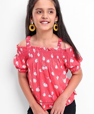 Pine Kids Off Shoulder Sleeves All Over Print Top - Red
