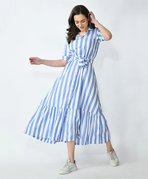 Mometernity Three Fourth Sleeves Striped Collared Maternity Dress - Blue & White